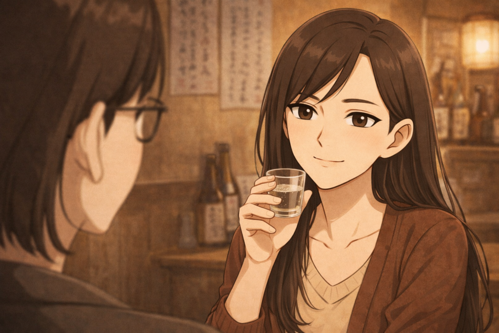 都合のいい女について日本酒片手に語るユキノ。