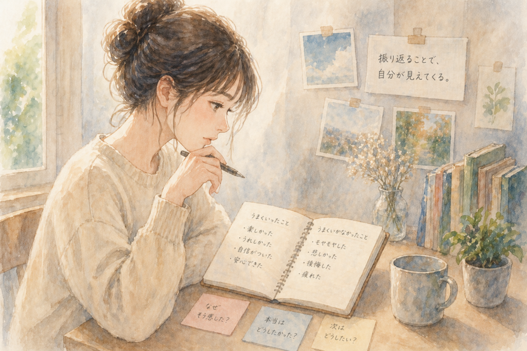 自己理解が浅い理由を書き出して分析する女性。