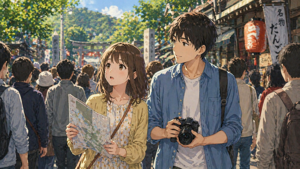 ゴールデンウィークど真ん中で混雑した観光地に来てしまったカップル。