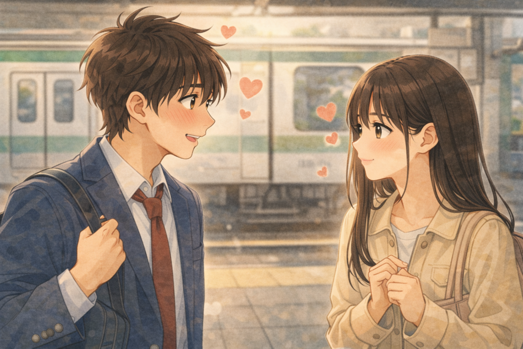駅で出会った女性に一目惚れする男性。