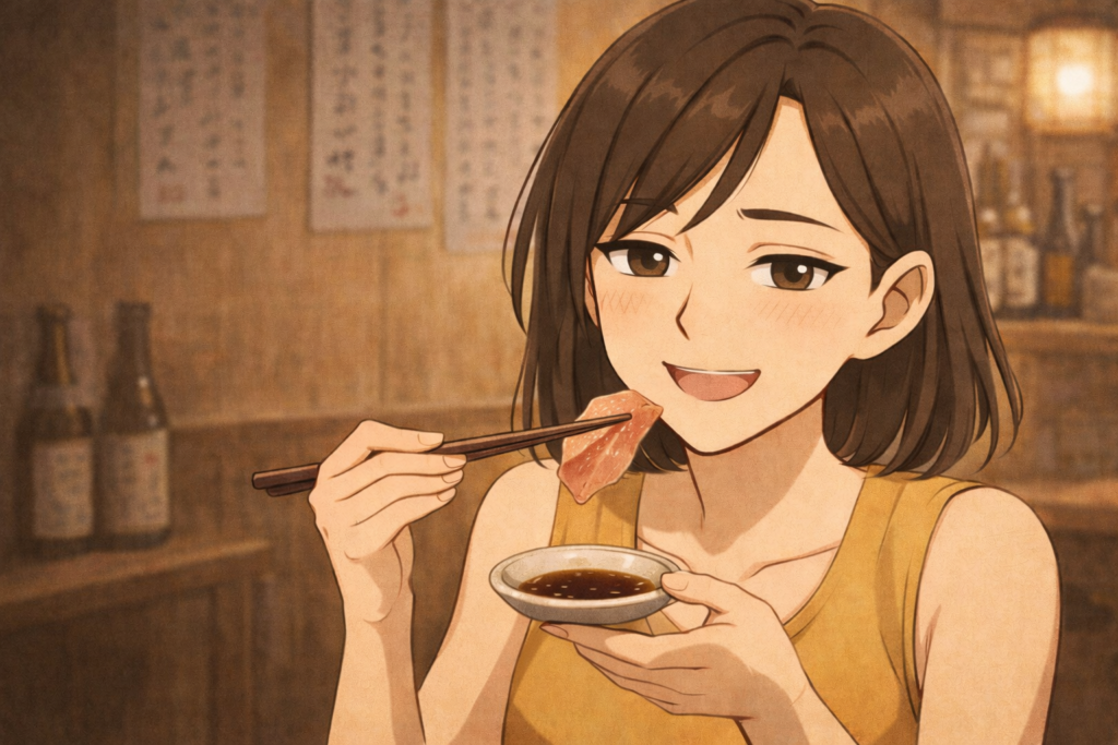 刺身を食べるナナ。飲み会が深まっていくことを表現。