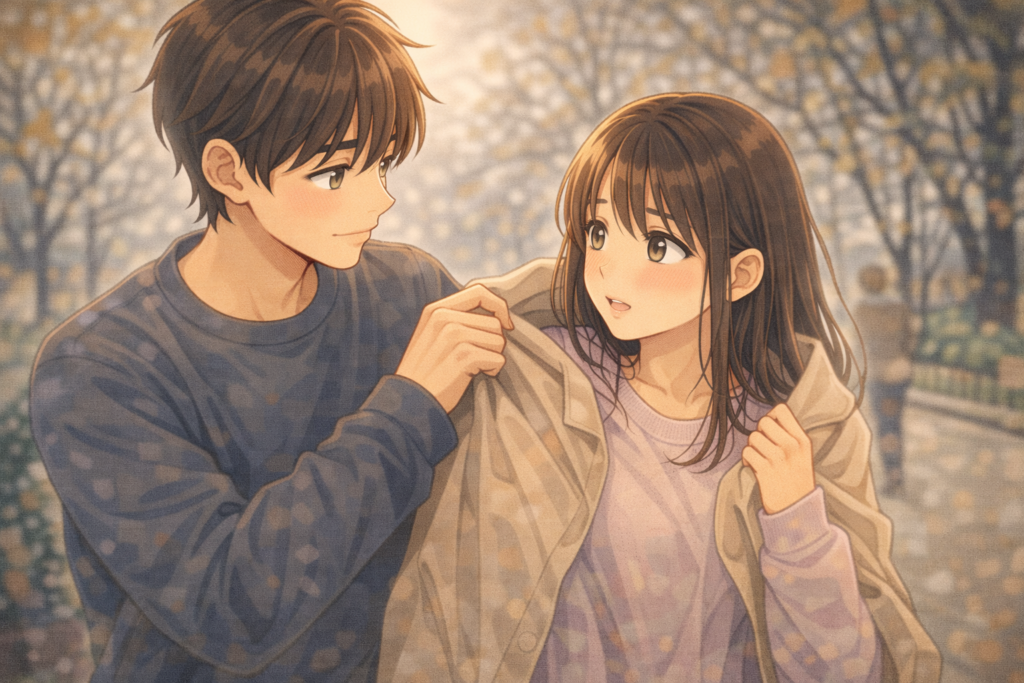 女性に上着をかけてあげる男性。さりげなく気遣いしてくれるモテる男性を表現。