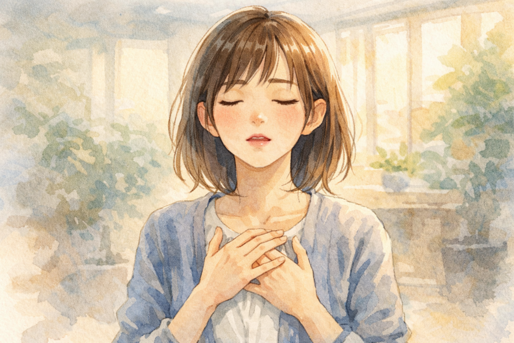 ゆっくり呼吸して緊張をやわらげる女性。