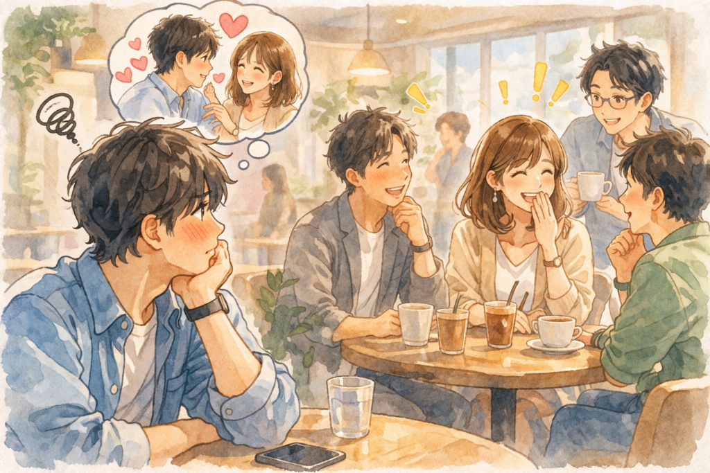 モテる女性が男性たちに笑顔を見せている。それを見てがっかりする男性。
好かれていると思ったがみんなに同じ態度だった。