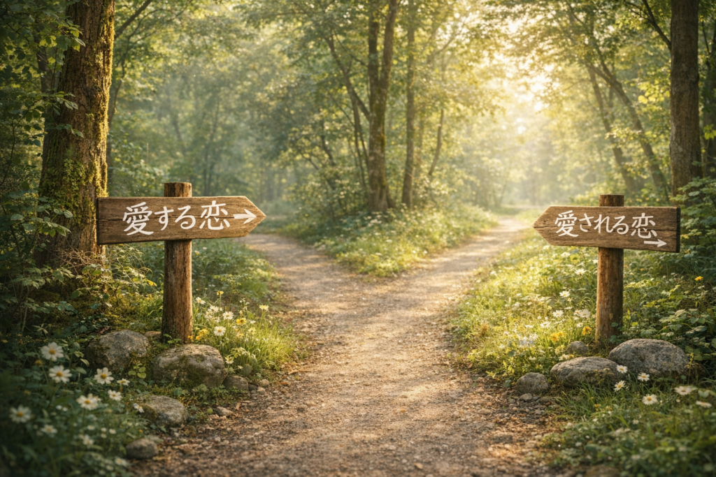 2本に分かれる道。「愛される恋」「愛する恋」と案内板が出ている。
どちらに行くかの選択肢を表現。