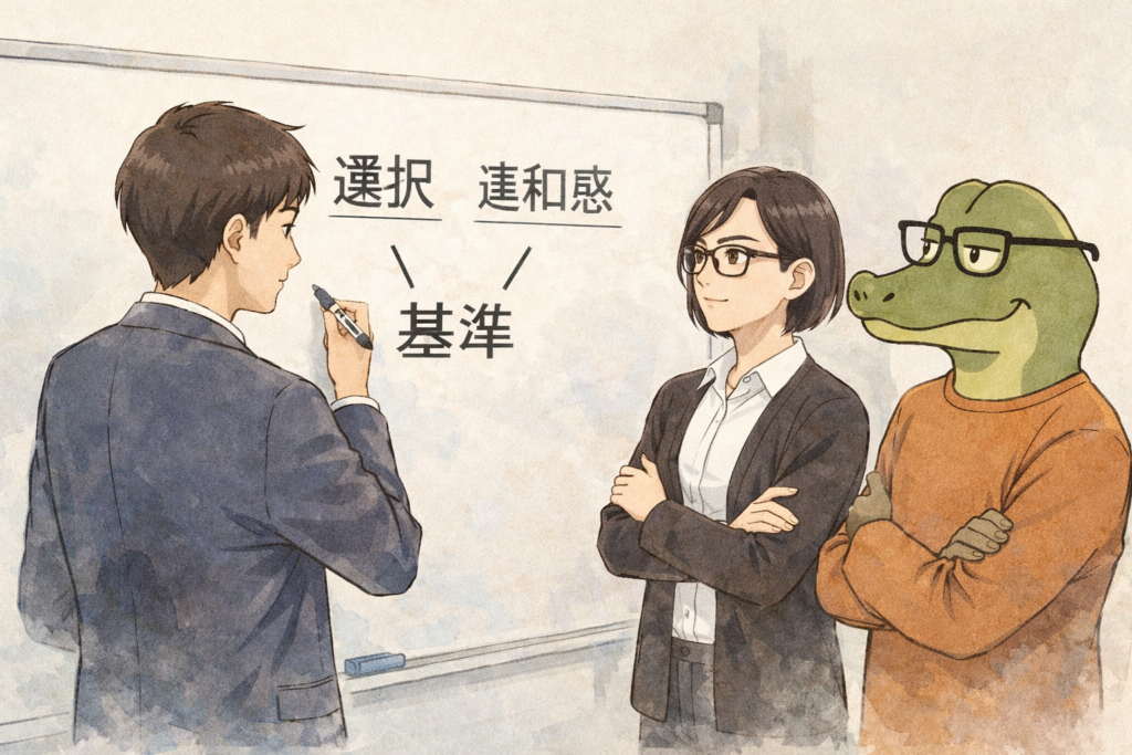 ホワイトボードを使い恋愛について整理するリク、ミカコ、ワニオ。