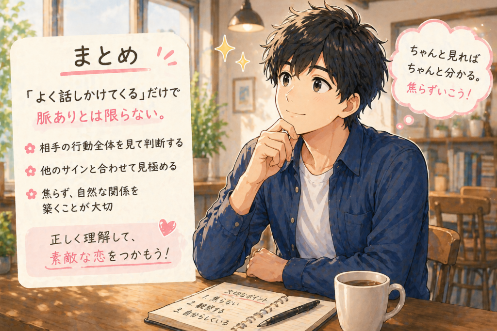 今回のまとめと、悩みが解決してスッキリした表情の男性。