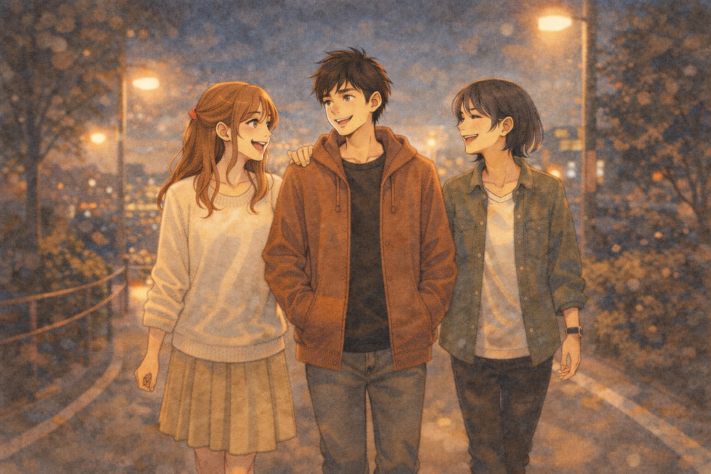 ファミレスを出て帰路につくアカリとハルキとシュウ。