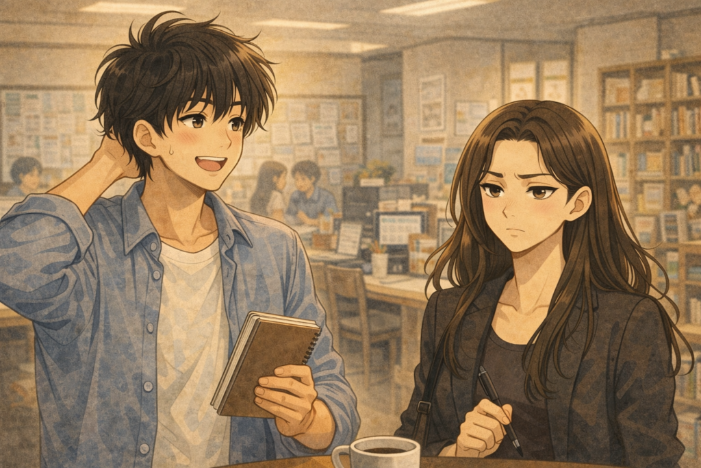 デートが上手くいったと報告するソウタ。呆れ顔のミサキ。