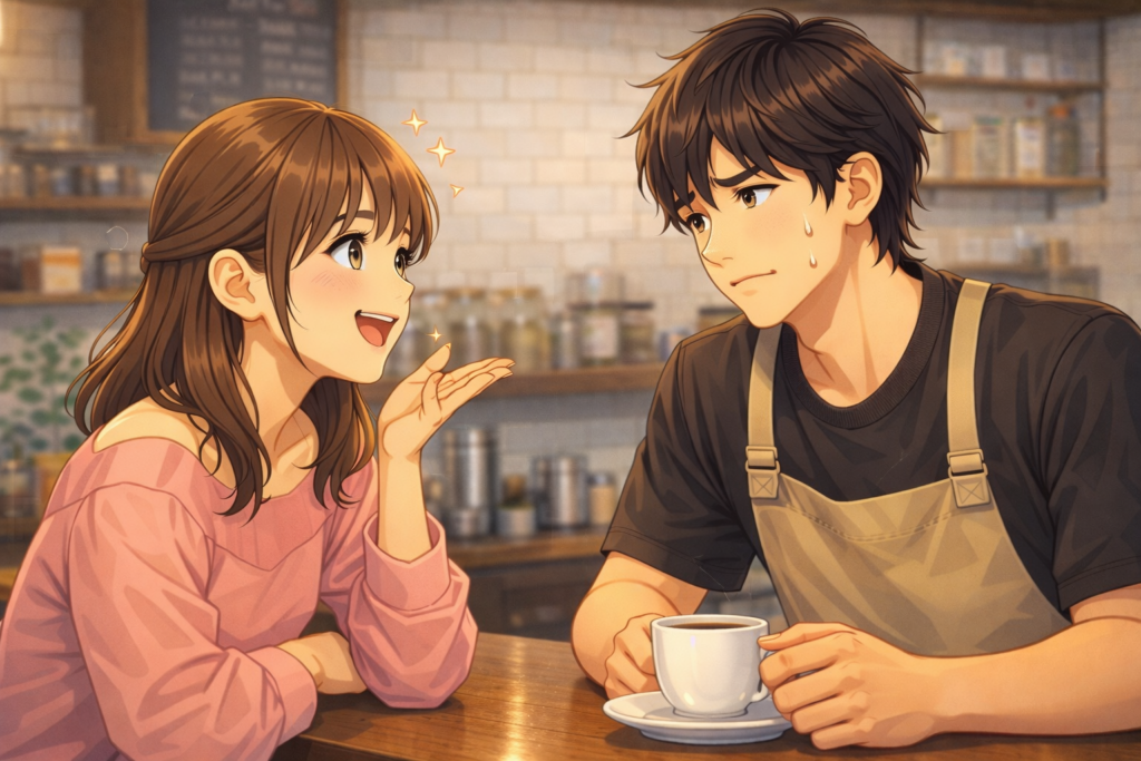 店員にしつこく話しかける女性客。店員は困っている。