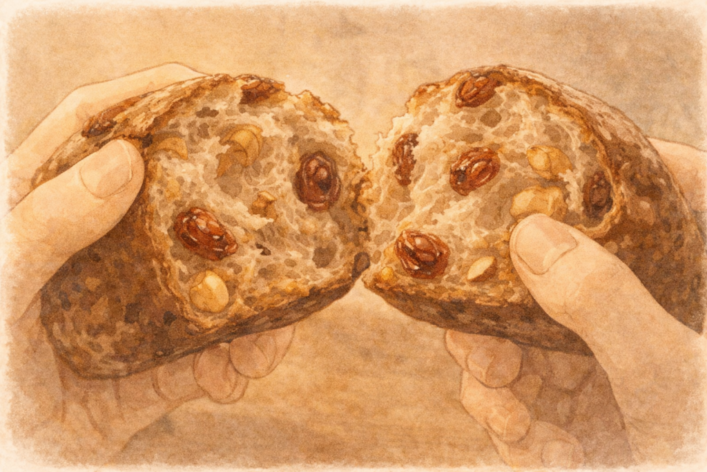 ドライフルーツ入りのハード系のパンの断面。