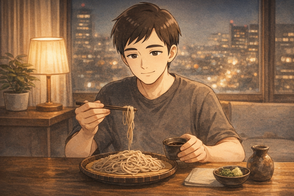 自分で手打ちした蕎麦を食べるリク。