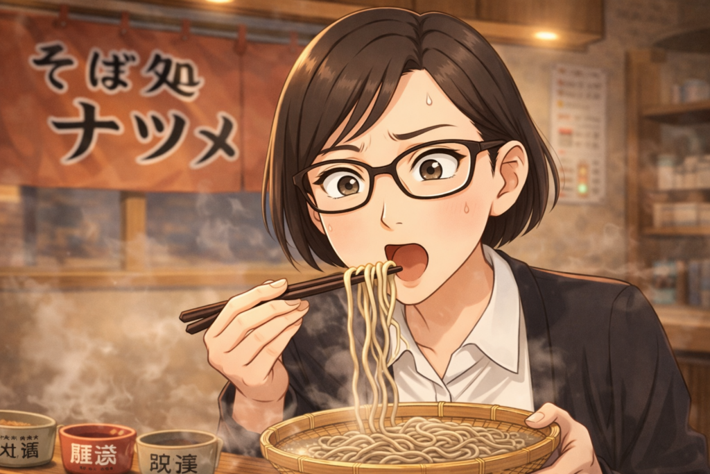 謎の蕎麦を食べてみるミカコ。