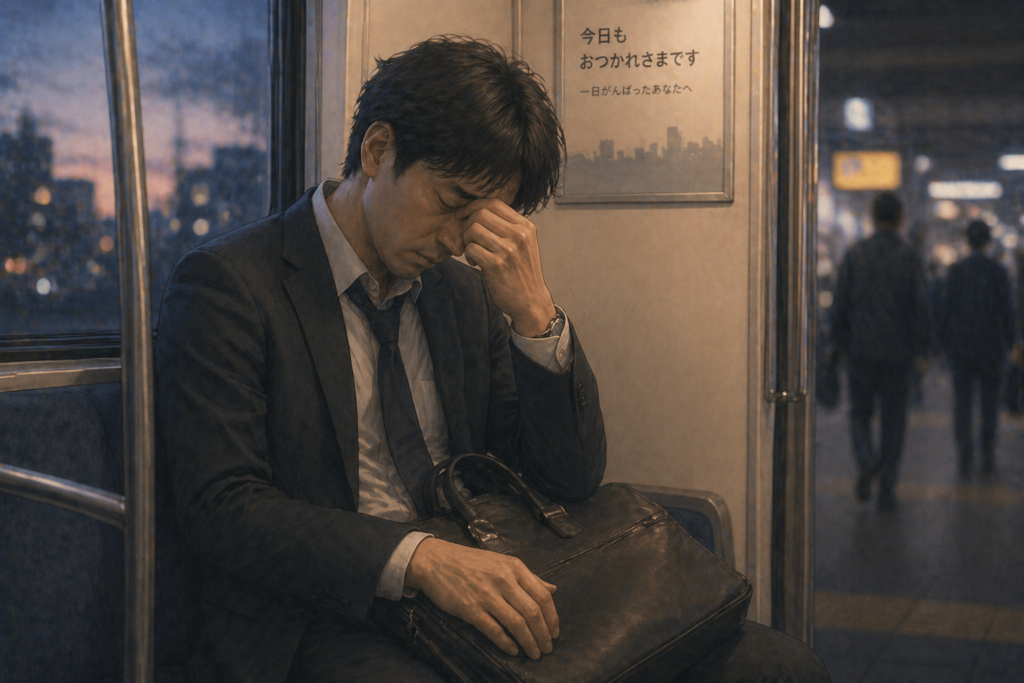 仕事帰りの電車内、ひどく疲れている男性。
