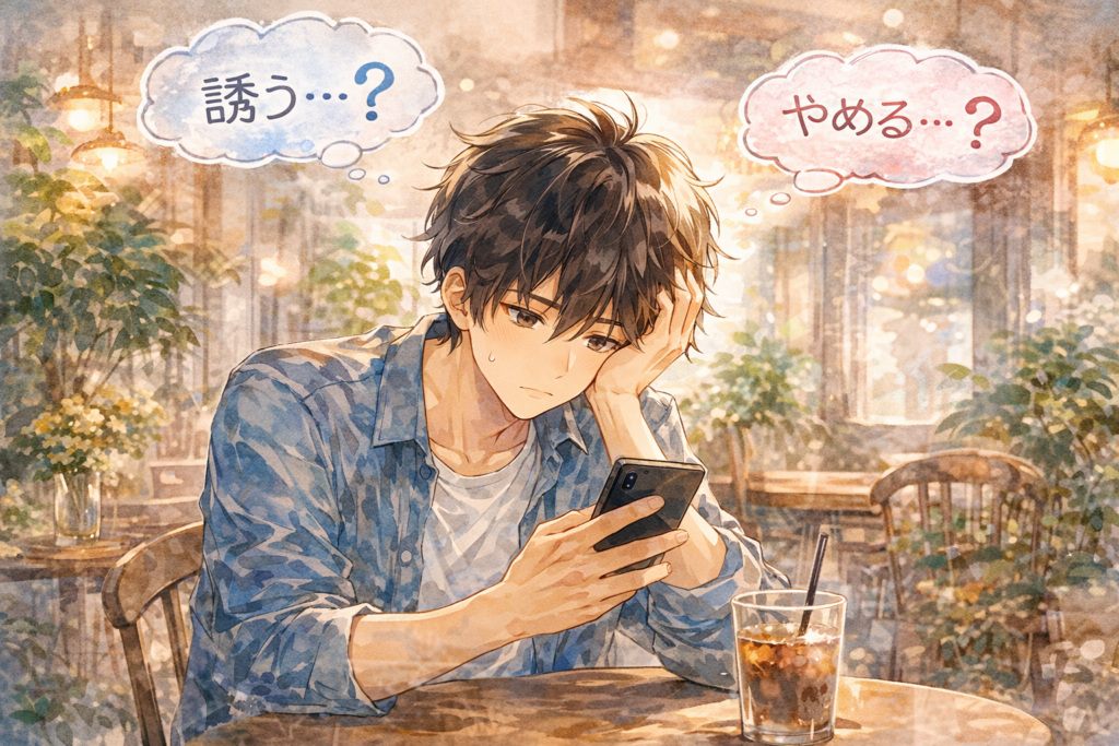 デートに誘うかやめておくか悩む男性。