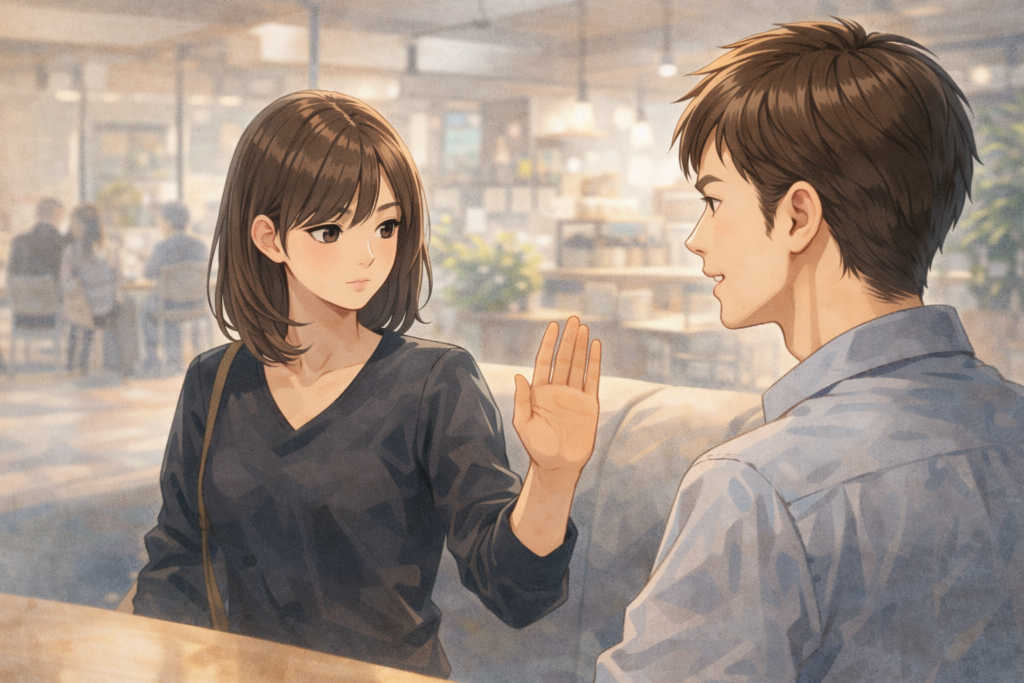 彼氏がいるので他の男性とは一定の距離をおく女性。