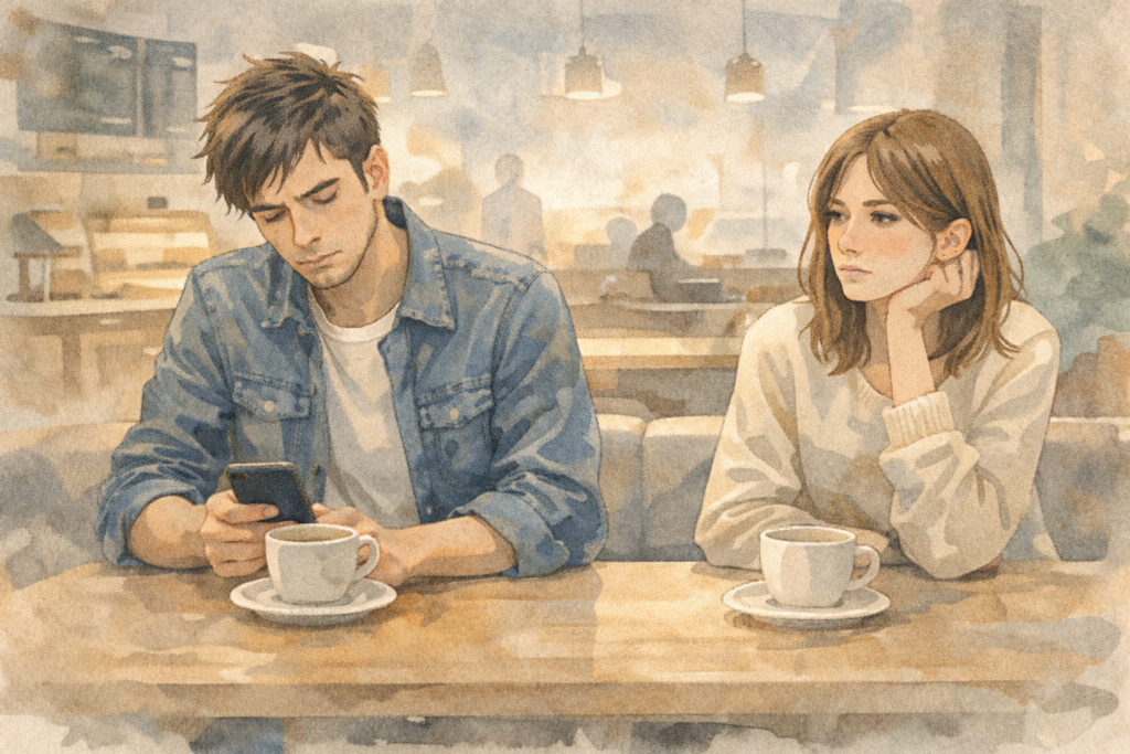 デートしててもお互い無関心。冷めた関係を表現。