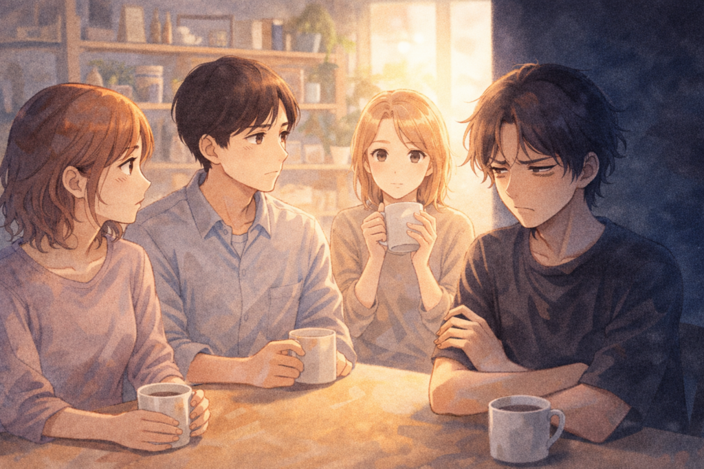 不機嫌な男性と気を使う人たち。