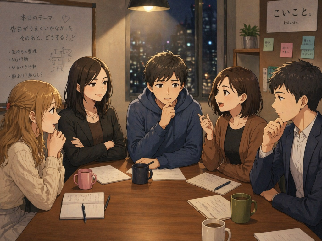 ソウタの告白を事例として座談会をするこいこと。メンバーたち。