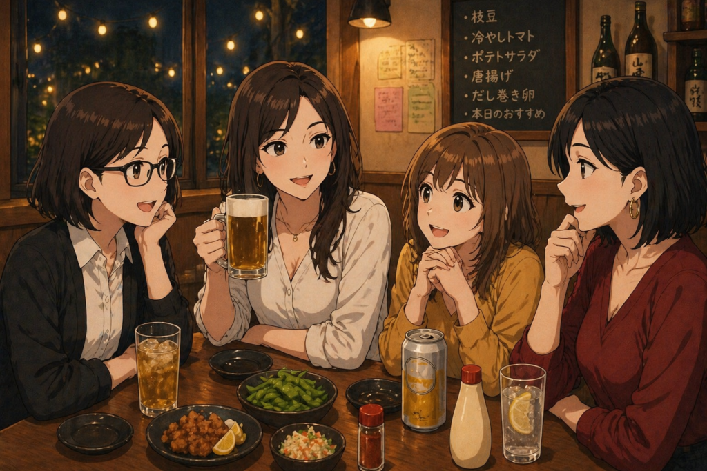 居酒屋で女子会トークをするこいこと。メンバー。