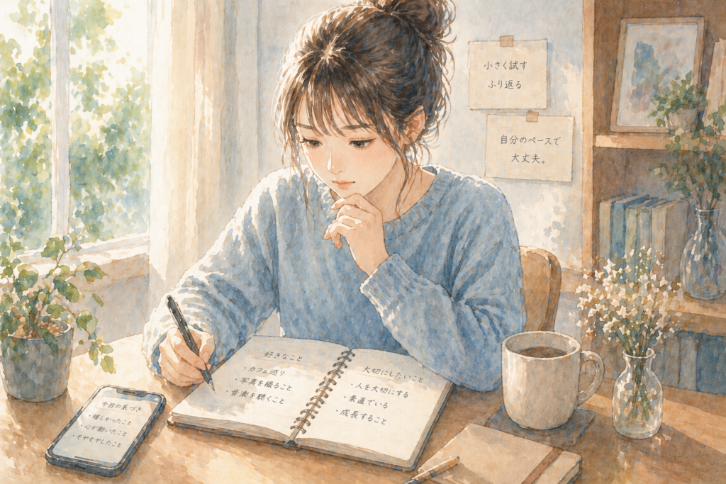 自己理解を深めるために好きなものなどを書き出す女性。