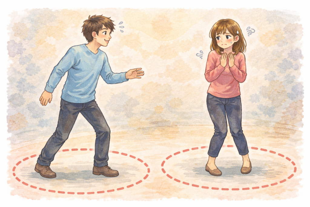 彼女に近づく彼氏。彼女は距離がつまるのを嫌がる。それぞれに適切なパーソナルスペースがあることを表現。