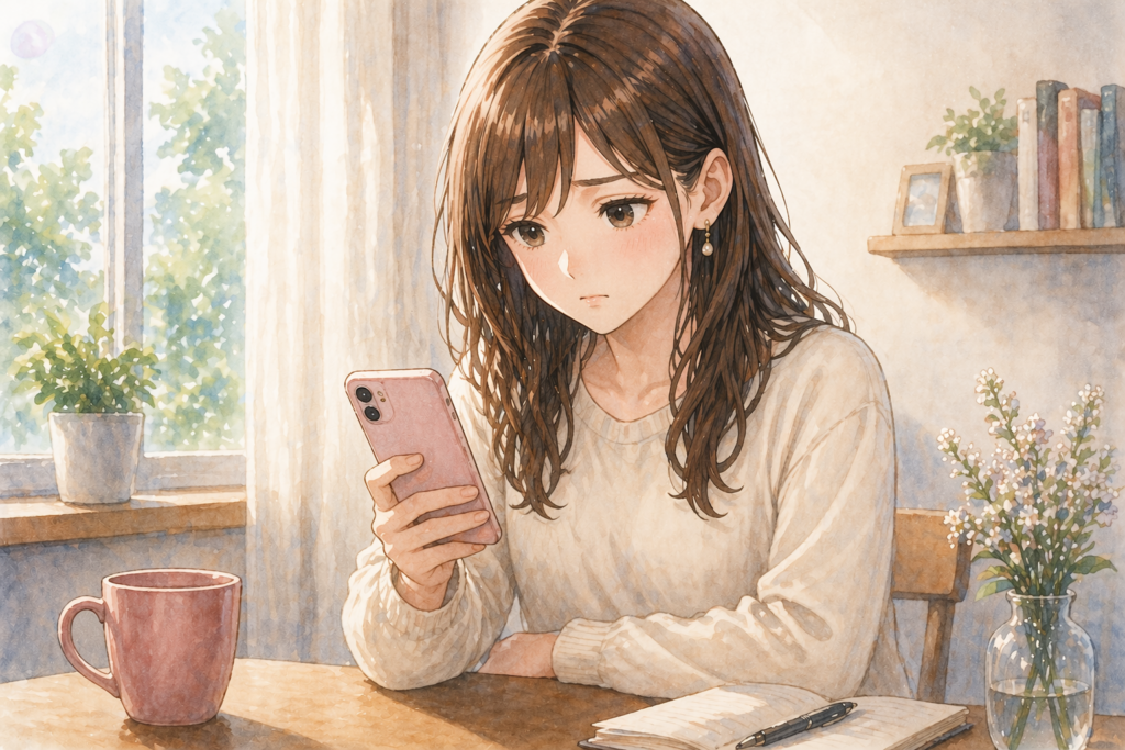 スマホをながめてデートの断り方を考える女性。