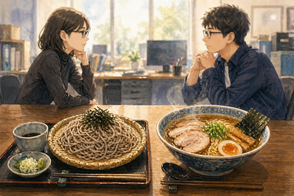 卓上に蕎麦とラーメン。向かい合うミカコとユウト。