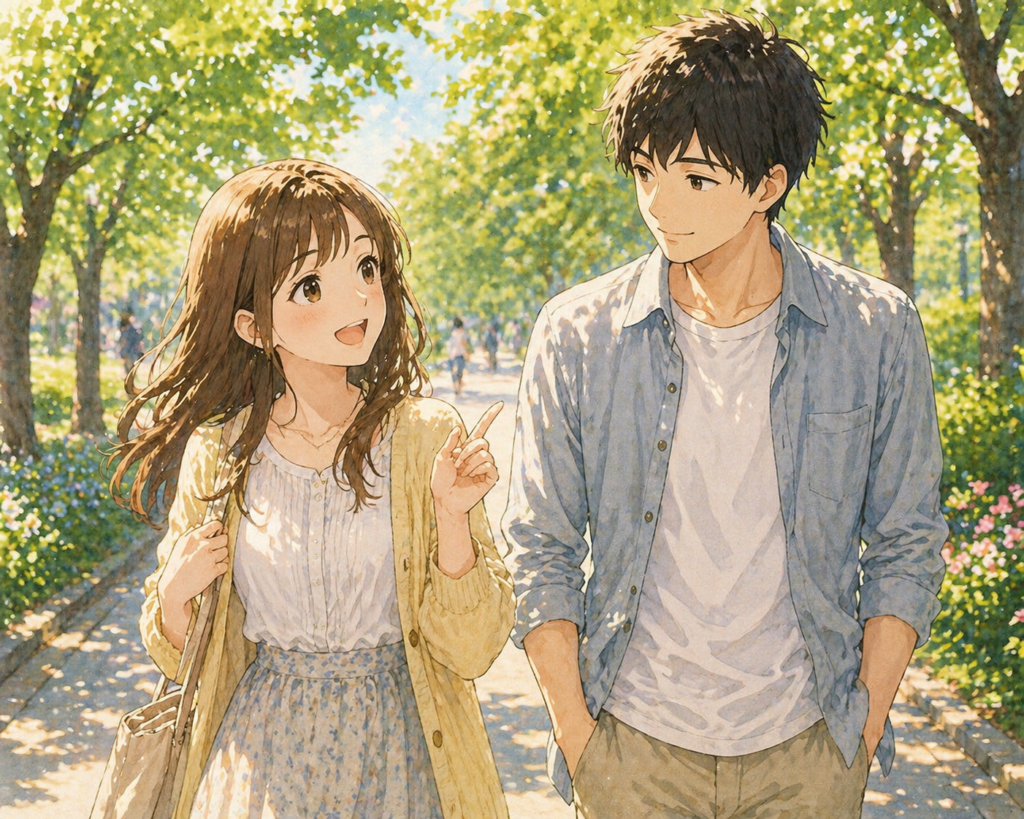 5月の公園デートを楽しむカップル。