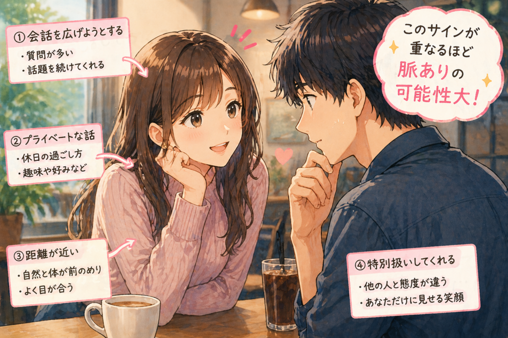 会話する男女。よく話しかける女性が脈ありであるパターンをテキスト付きで解説。