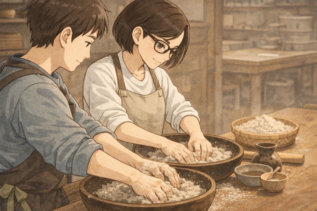 蕎麦打ち体験をするリクとミカコ。