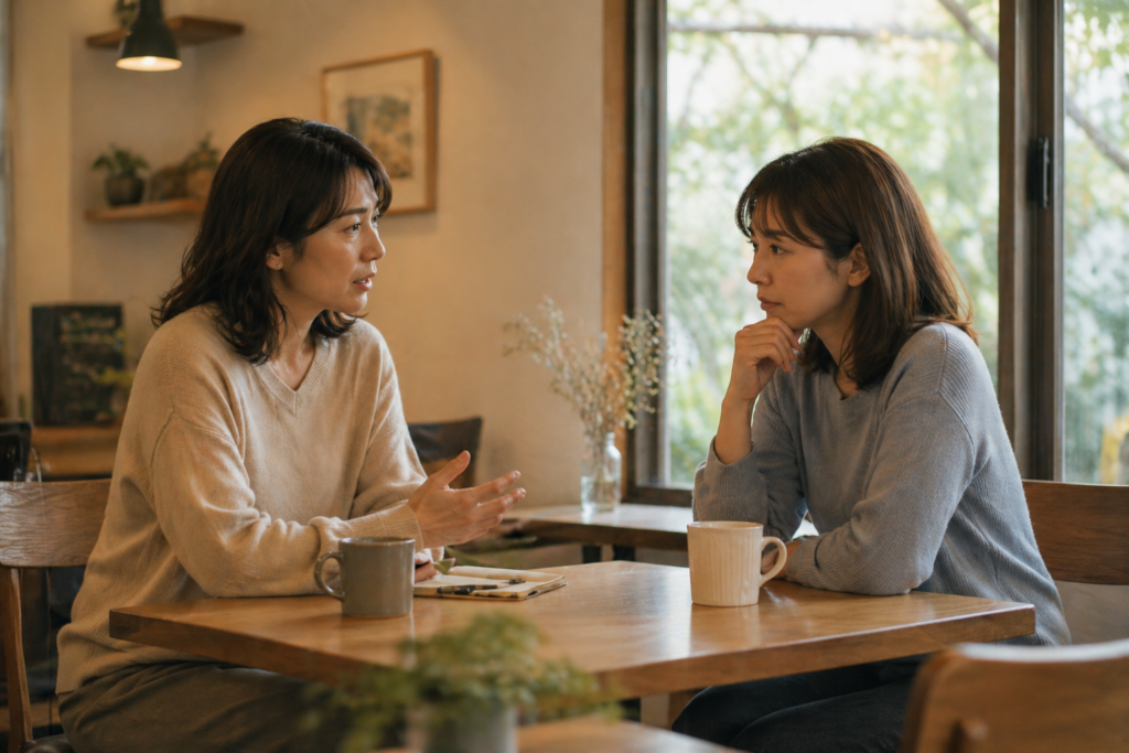 悩みを語る女性と相談を受ける女性。