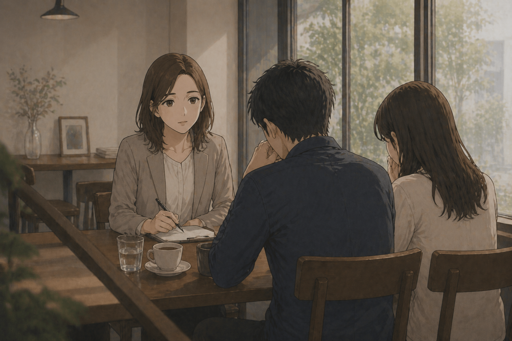 夫婦の悩みを聞くマリ。