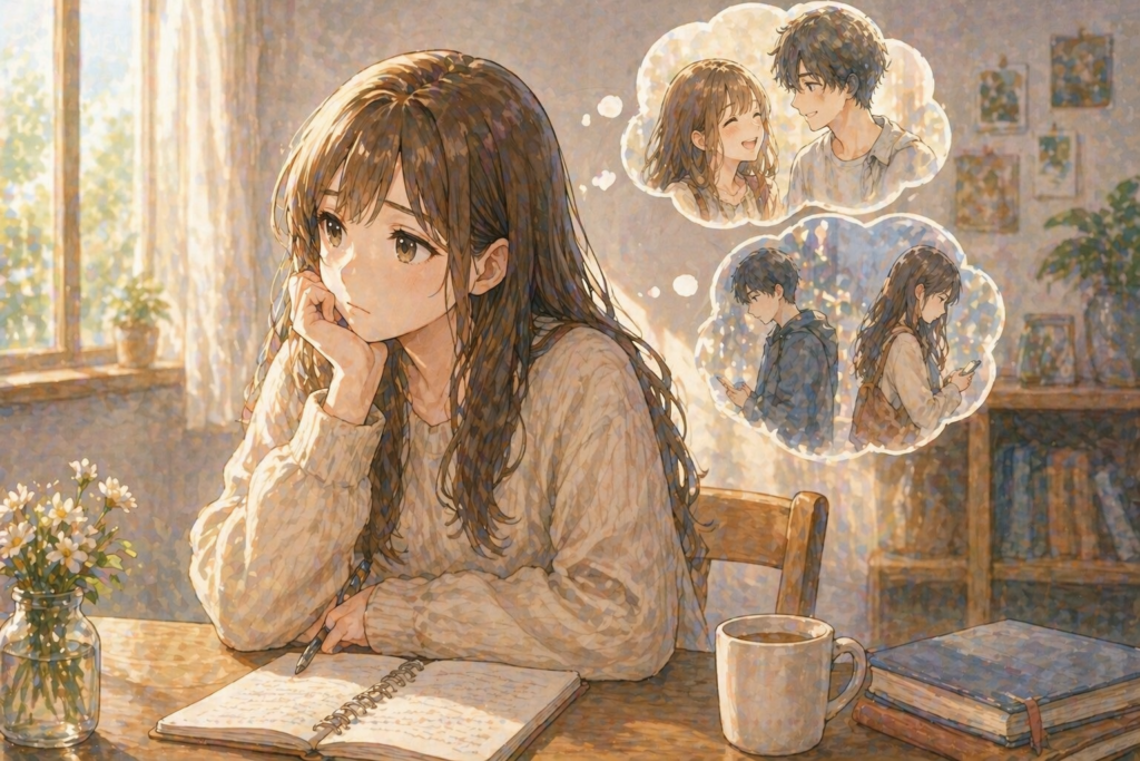 恋人と長続きしない理由を考える女性。