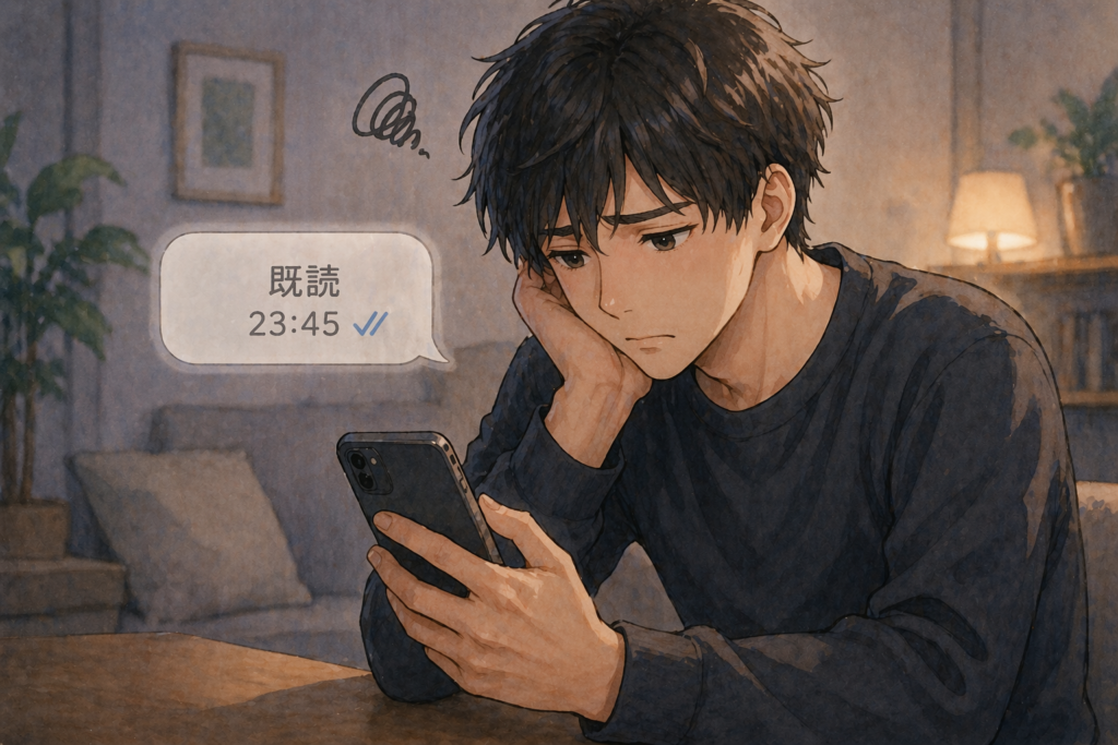 デートの誘いを既読スルーされて落ち込む男性。