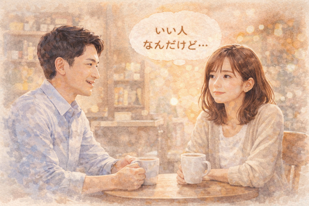 笑顔で話す男性と少しうわの空の女性。女性が好きになりきれていないことを表現。