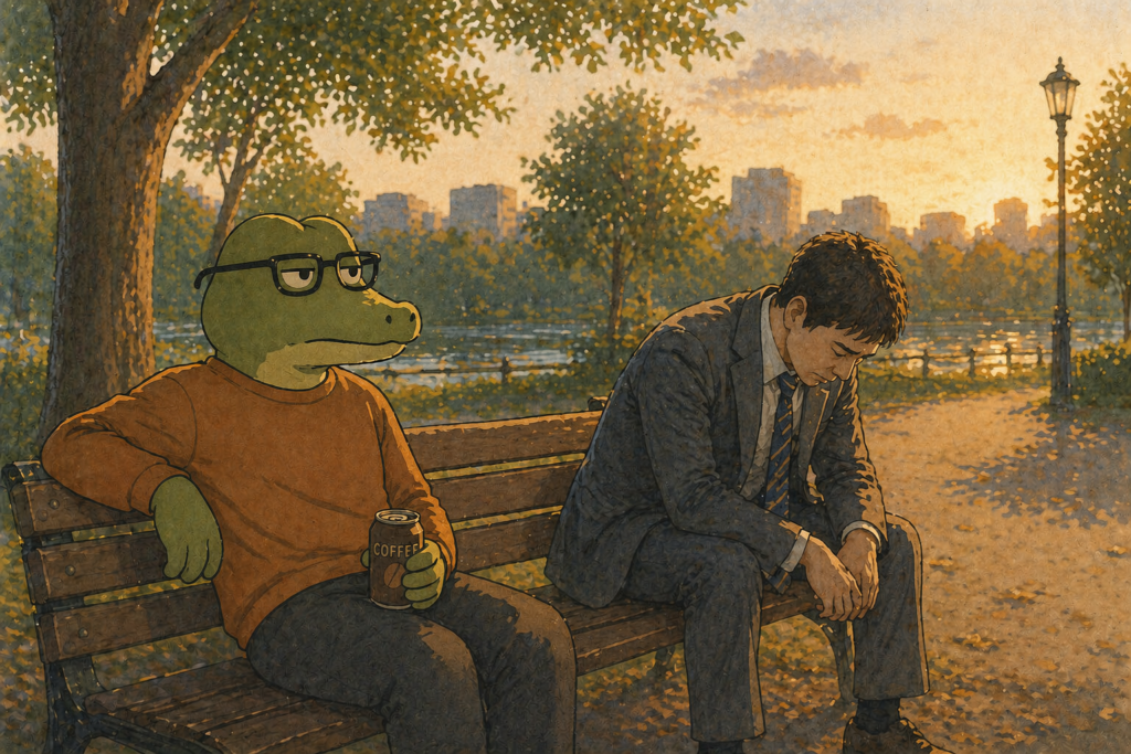 公園のベンチに座る落ち込む男性とワニオ。