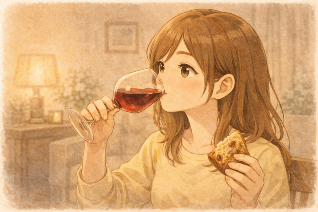 パンを食べつつワインを楽しむミユ。