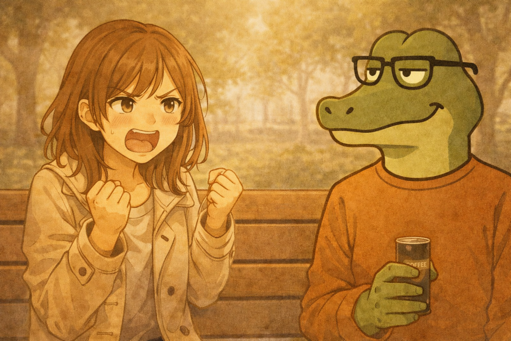 公園でワニオに愚痴るミユ。