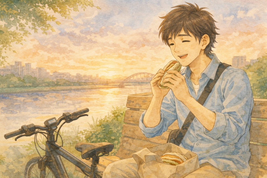 休日のサイクリングをするソウタ。ベンチでサンドイッチを食べている。