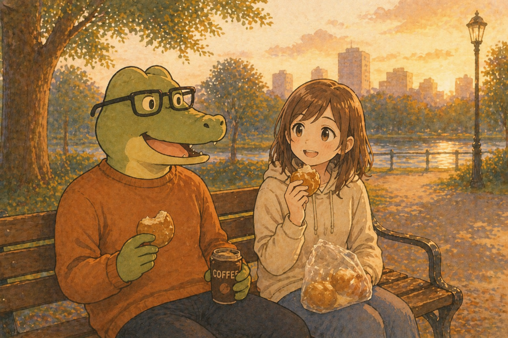 公園のベンチに座ってパンを食べるワニオとミユ。