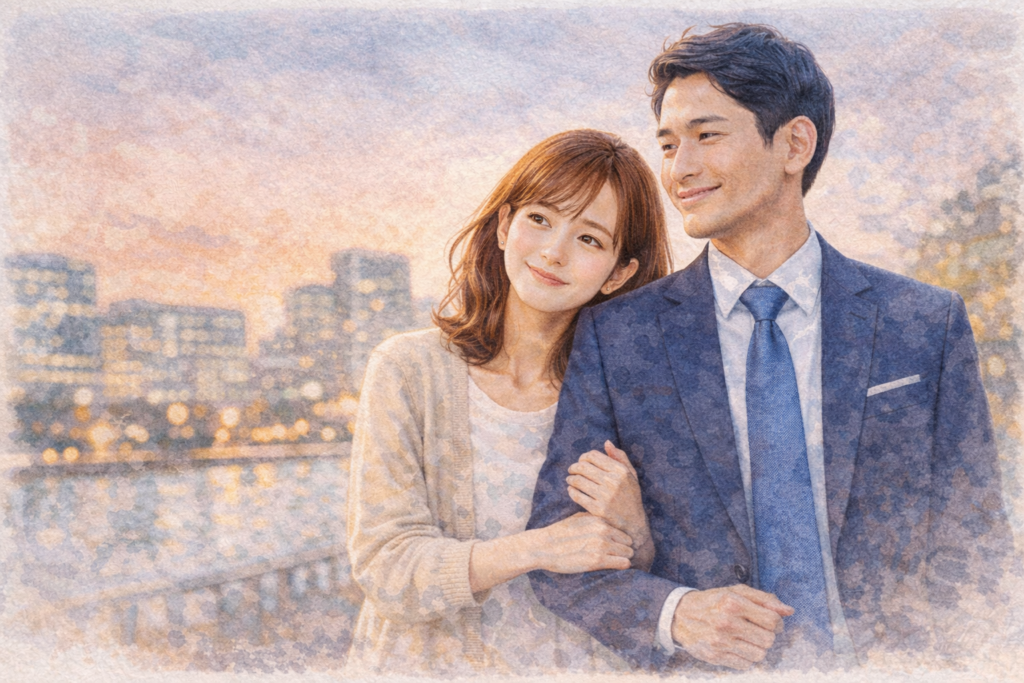 腕を組むカップル。打算で付き合っても本当に良い関係を築けていることを表現。