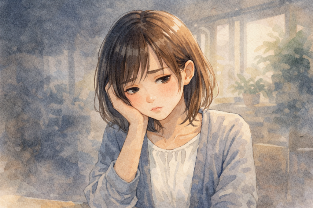 新しい環境で緊張し、うかない表情を浮かべる女性。