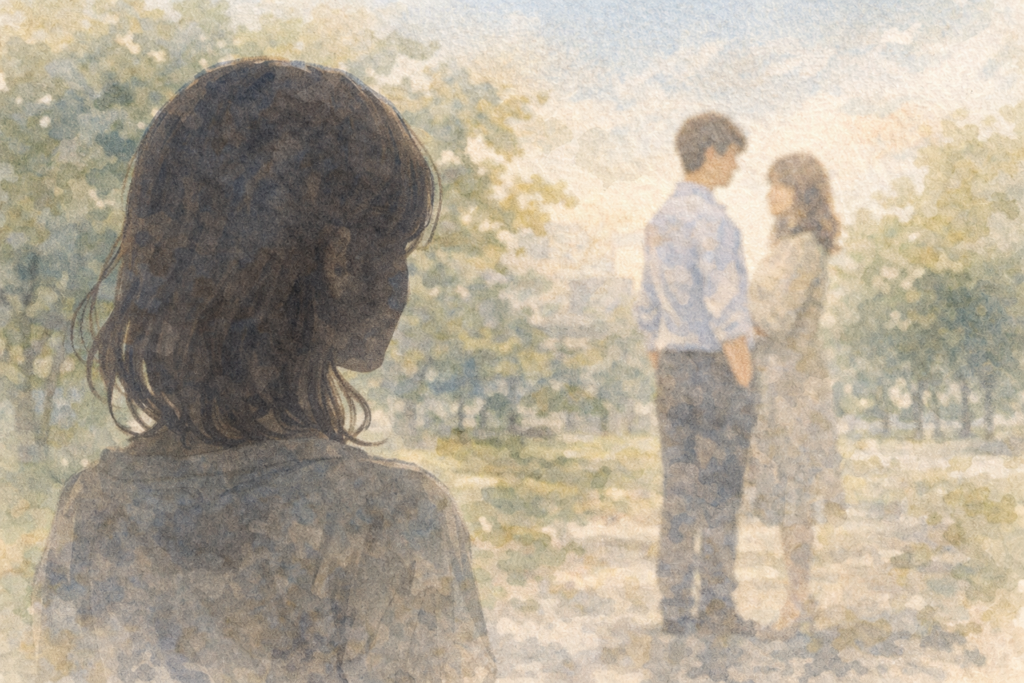 既婚者とその妻。それを眺める女性。