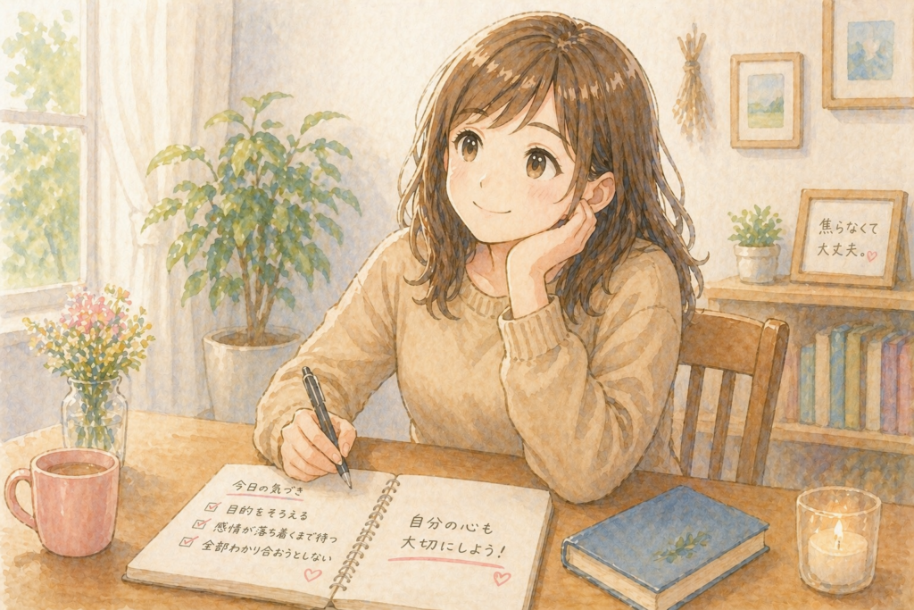 話し合いできない相手への向き合い方をノートにまとめるミユ。