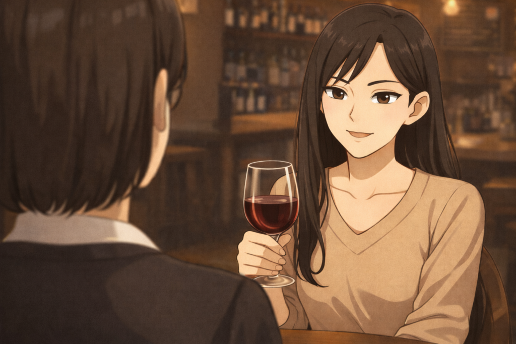 ワインが進みカジュアルな恋愛について語るユキノ。話を聞くミカコ。