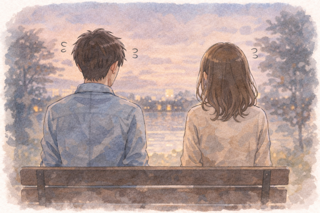 お互い緊張している男女。なかなか会話が続かない姿を表現。