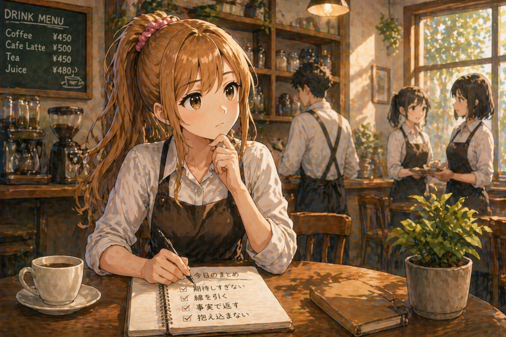 自分のことしか考えない人にならないためのポイントを整理するアカリ。