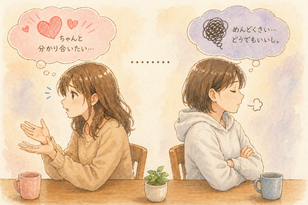 話し合いをしたい人。話し合いができない人。それぞれの対比。