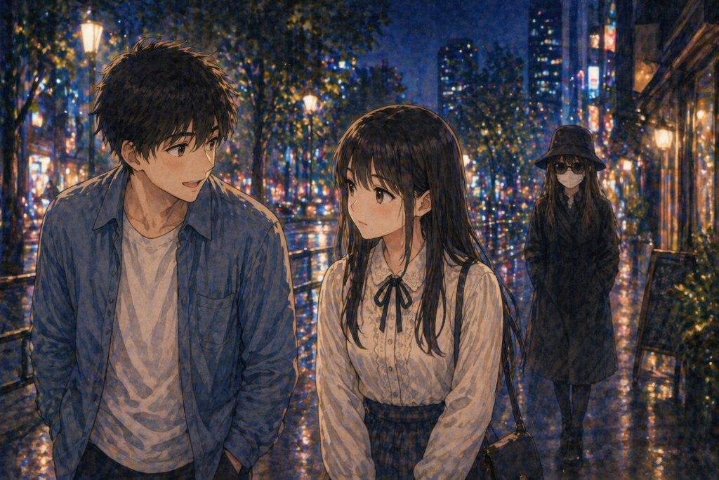 夜の街を歩くソウタとツムギ。それを尾行するサングラス、マスク、帽子の怪しいミサキ。